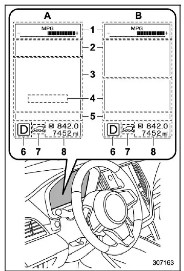 Subaru Ascent color LCD combination meter display showing multiple information zones
