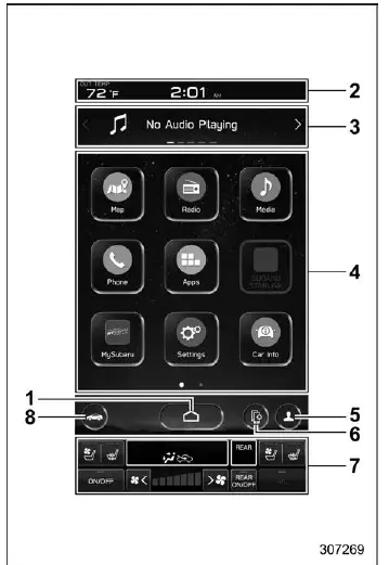Subaru Ascent touchscreen display interface with main menu icons and system layout