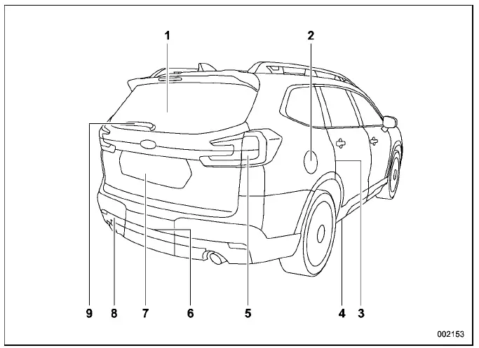 Subaru Ascent rear exterior components including tailgate, fuel lid and rear wiper system