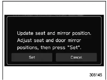 Subaru Ascent seat and mirror position update confirmation screen