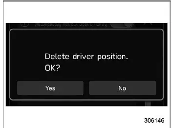Subaru Ascent confirmation screen for deleting driver position