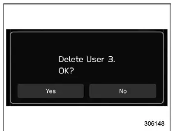 Subaru Ascent confirmation screen for selected user deletion