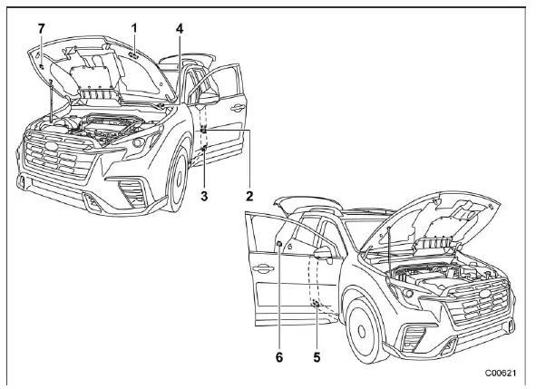 Subaru Ascent vehicle identification labels locations diagram