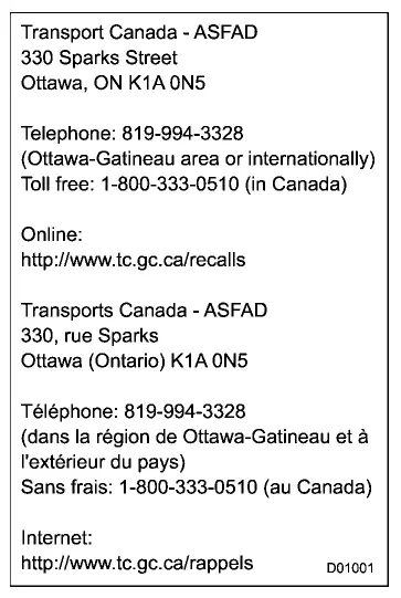 Subaru Ascent Transport Canada contact information for reporting vehicle safety concerns