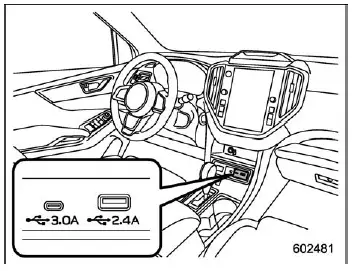 Subaru Ascent front USB power supply ports Type A and Type C for charging devices